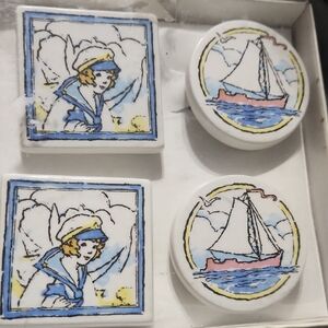 Nautical Ceramic Art Tiles -NAPKIN RINGS Blue and White IN BOX